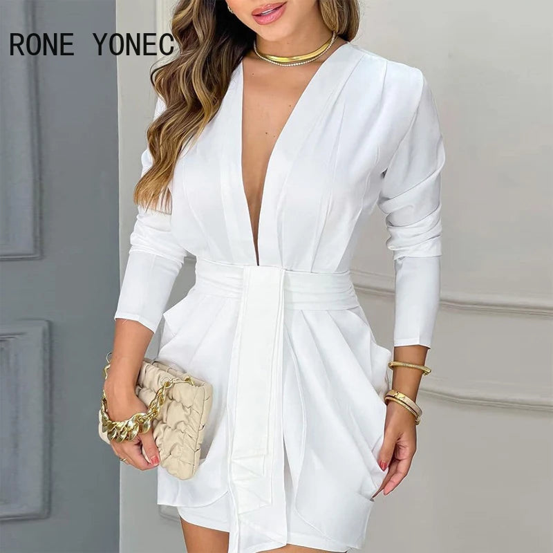 Women Chic Elegant Long Sleeves Deep V Neck Mini A Line Ruffles Formal Party & Working White Dresses