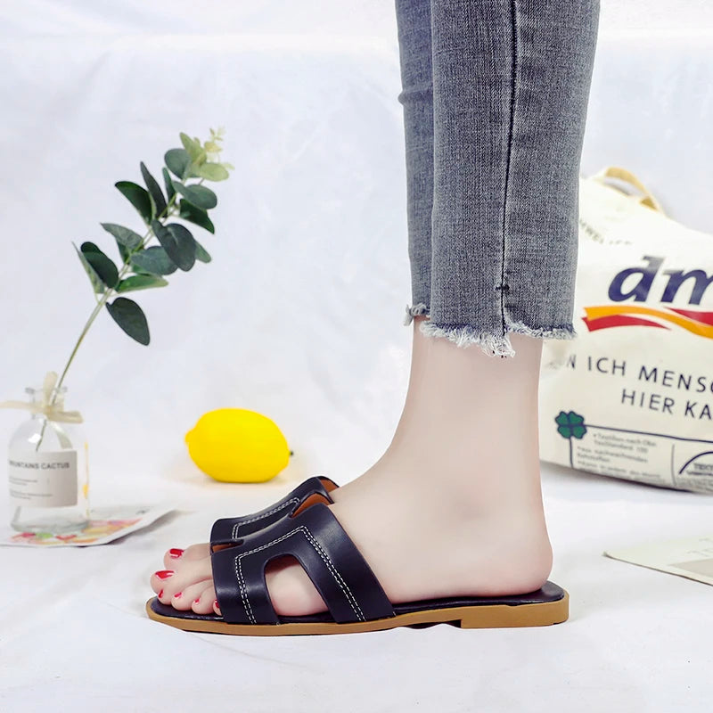2024 Summer women's slippers H-shaped pattern rubber soft low heel high-end simple shopping shoes for women