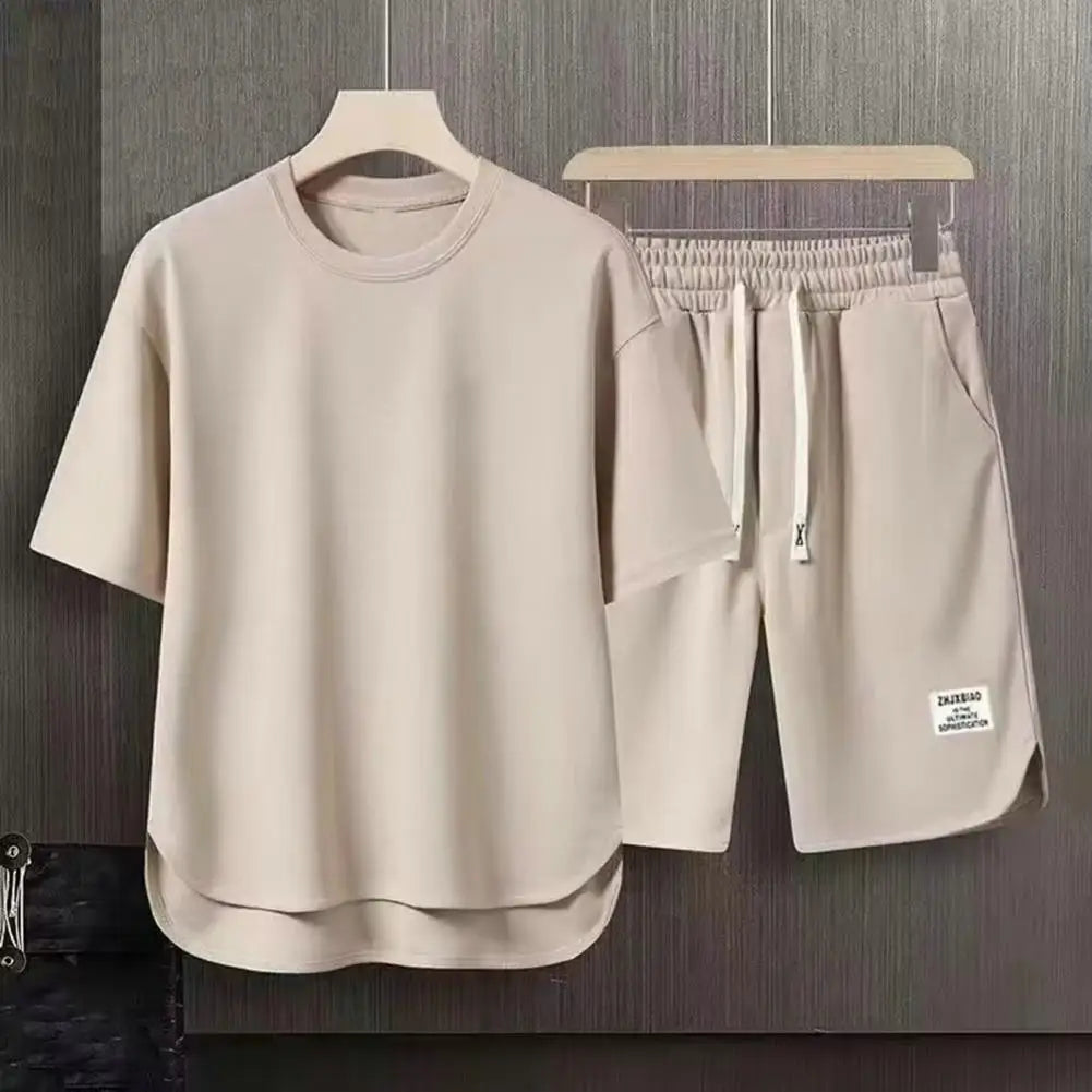 Men Sportswear Set Men's Summer Casual Outfit Set O-neck Short Sleeve T-shirt Drawstring Waist Shorts Activewear Set 2pcs/set