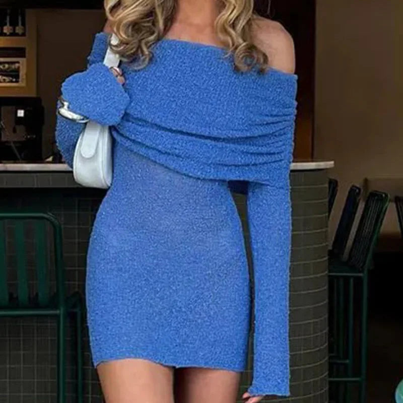 Off Shoulder Knit Mini Dresses Long Sleeve Boat Neck Crochet Slim Fit Plain Mini White Guest Dresses Summer Fashion 2024