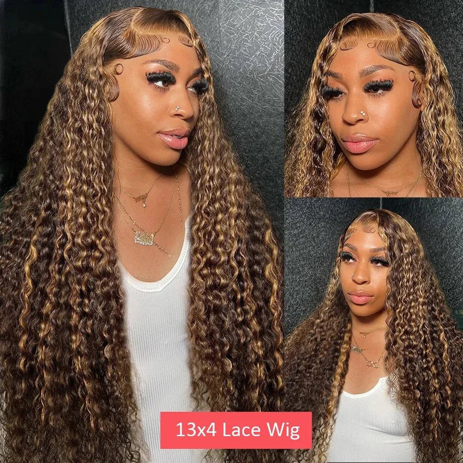 Curly 13x6 4/27 Brown 250 Density Lace Frontal Wig Highlight Ombre Colored Deep Wave 30 40 Inch 13x4 Human Hair Lace Front Wigs