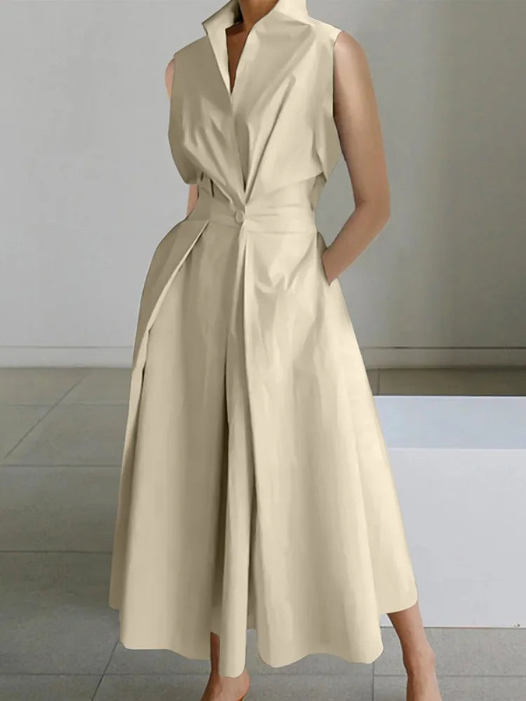 Yeezzi Office Lady Fashion Solid Color Lapel A-line Dress 2024 New Summer Sleeveless Casual Going Out Midi Dresses For Women