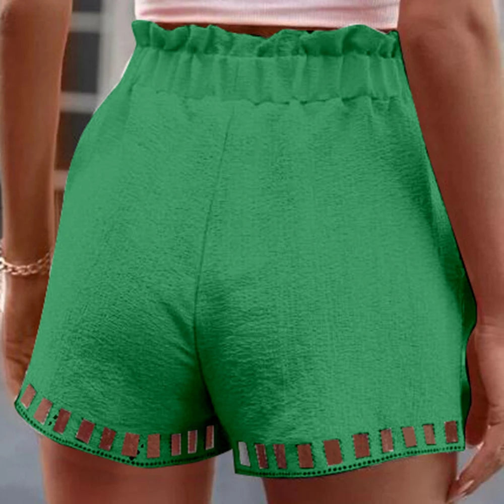 Women's Shorts Para Mujer Cotton Linen Solid Color Thin Hollow Out Design Trim Pocket Tight Waist Shorts Beachwear White Clothes
