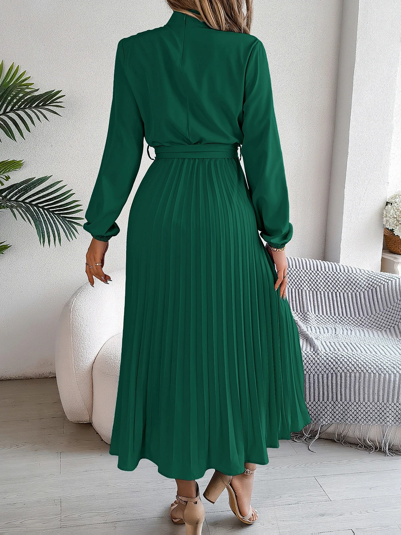 Elegant Solid Color Mock Neck Long Sleeve Belted A-line  Pleated Dress, Women's Clothing