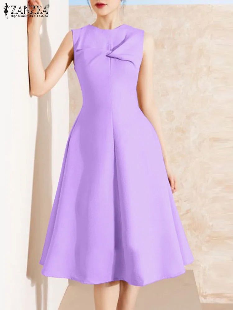 ZANZEA Women Sleeveless Party Dress Korean Elegant Office Kink Waist Tank Vestidos 2024 Summer Vintage Round Neck Formal Dresses