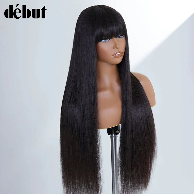 Debut Straight Human Hair Wigs With Bangs NATURAL Brazilian 100% Remy Human Hair Wigs Hair 28'' Cheap Full Wigs Free Ship