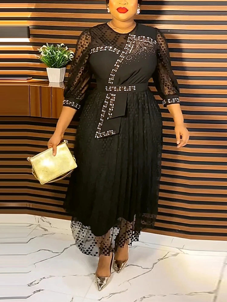 Elegant Women Tulle Polka Dot Evening Party Dress O Neck Hot Drill See Through Wrist Sleeve Modest Formal Church Event Clothings
