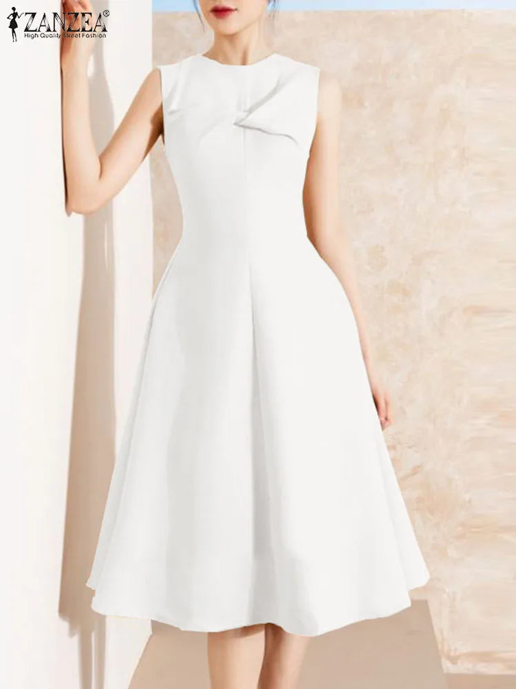 ZANZEA Women Sleeveless Party Dress Korean Elegant Office Kink Waist Tank Vestidos 2024 Summer Vintage Round Neck Formal Dresses
