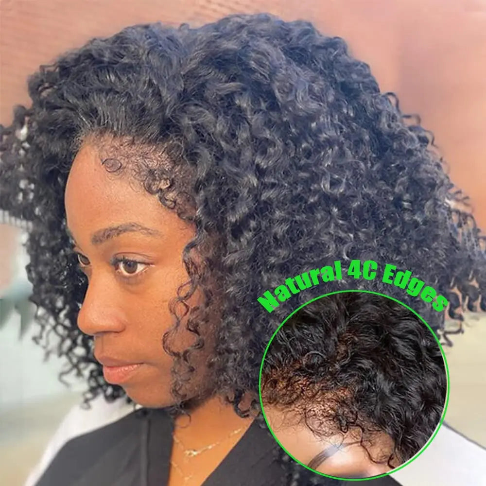 4C Kinky Edges Natural Hairline Glueless Wig Human Hair Ready To Go Curly Bob 13x4 Transparent Lace Front Wig With Bady Hair