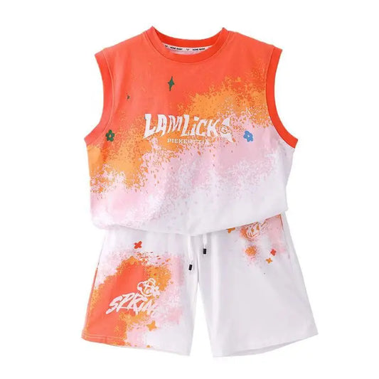 Kids Clothes Boys Letter Gradient color Painted Graffiti Basketball Uniform Teenage boy leeveless vest Top and Shorts 2PCS Sets