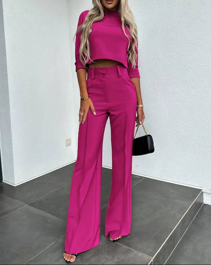 2024 Spring and Autumn New Fashion Small High Neck Slim Fit Women's Set Solid Pocket Micro Horn Pants Set for office lady