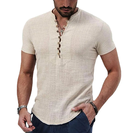 2023 New Men's Short Sleeve Tshirt V neck button Cotton Linen Shirt Men's Casual Clothes Popular Tops for Men