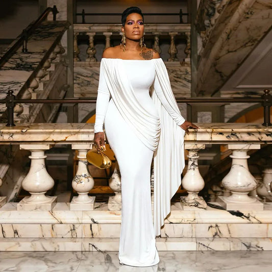 Elegant Evening Birthday Party Dresses for Women Sexy Off Shoulder Streamer Clock Sleeve Birthday Bodycon Maxi Vestidos Luxury