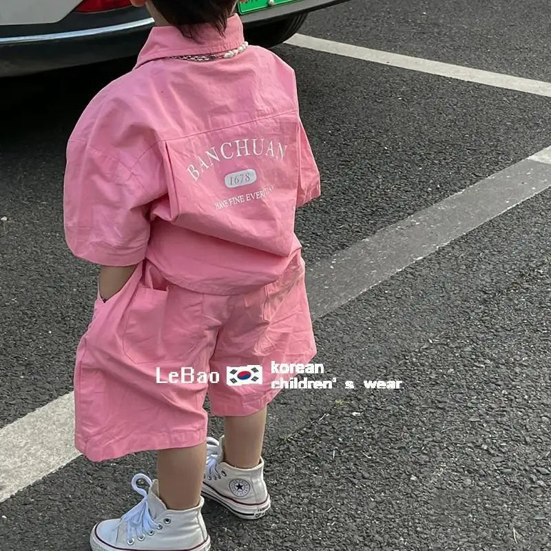 2024 Summer New Boys' Cotton Pink Clothing Sets Double Pocket Shirt +Baby Shorts 2Pcs Casual Fashion Kids Clothes Outfits 2-9Yrs