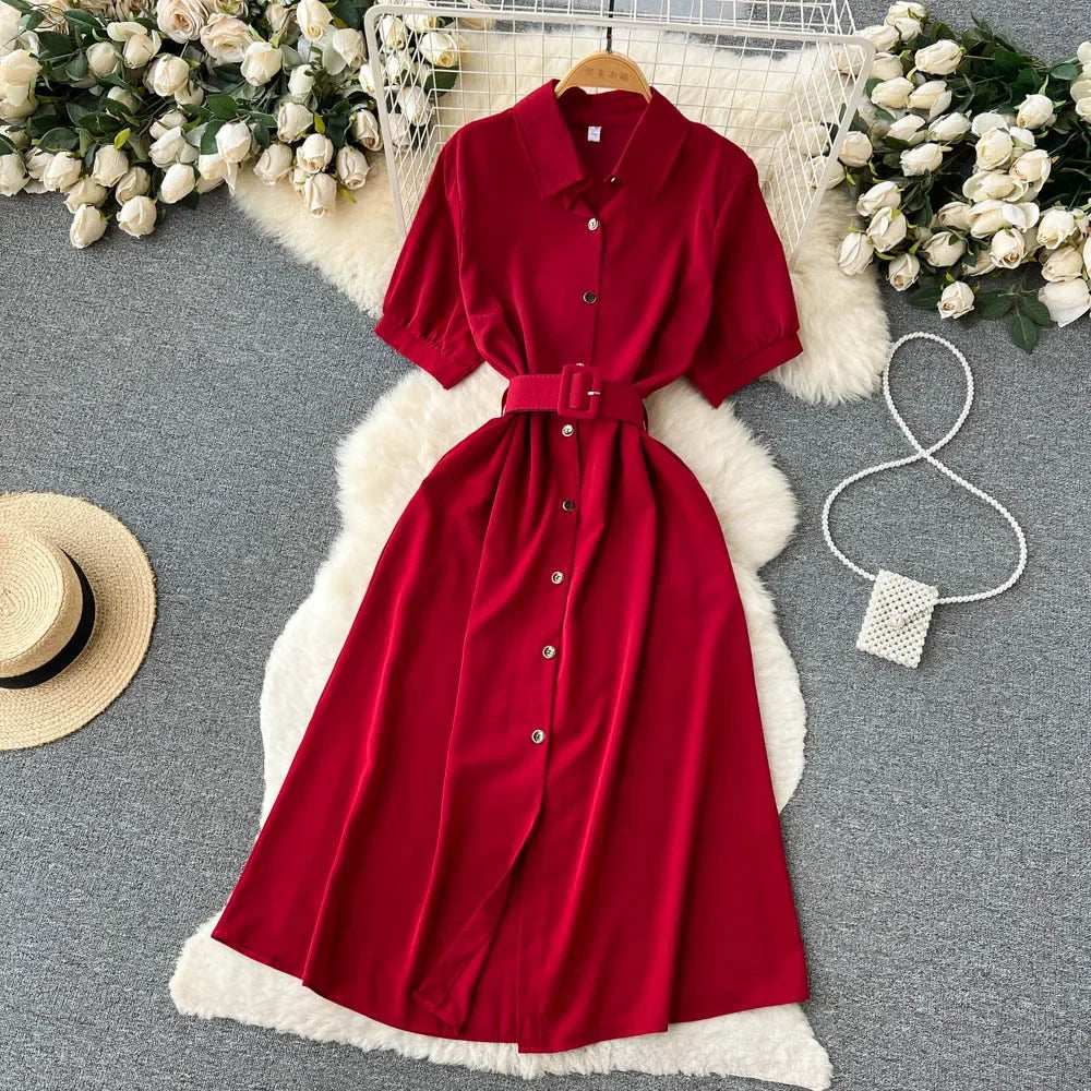 Summer Vintage Green/Blue/Red Turn-Down Collar Single Breasted Dress Casual Short Sleeve High Waist A-Line Midi Robe New Fashion