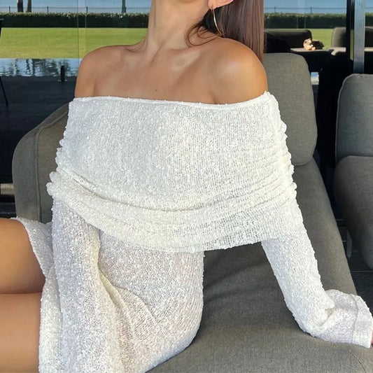 Off Shoulder Knit Mini Dresses Long Sleeve Boat Neck Crochet Slim Fit Plain Mini White Guest Dresses Summer Fashion 2024