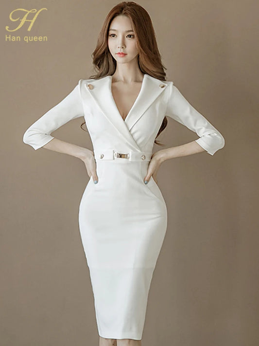 H Han Queen Hot sale Autumn Women V-neck Fashion Slim Bag hip Pencil Dress White Business Party Office Sheath Bodycon Dresses
