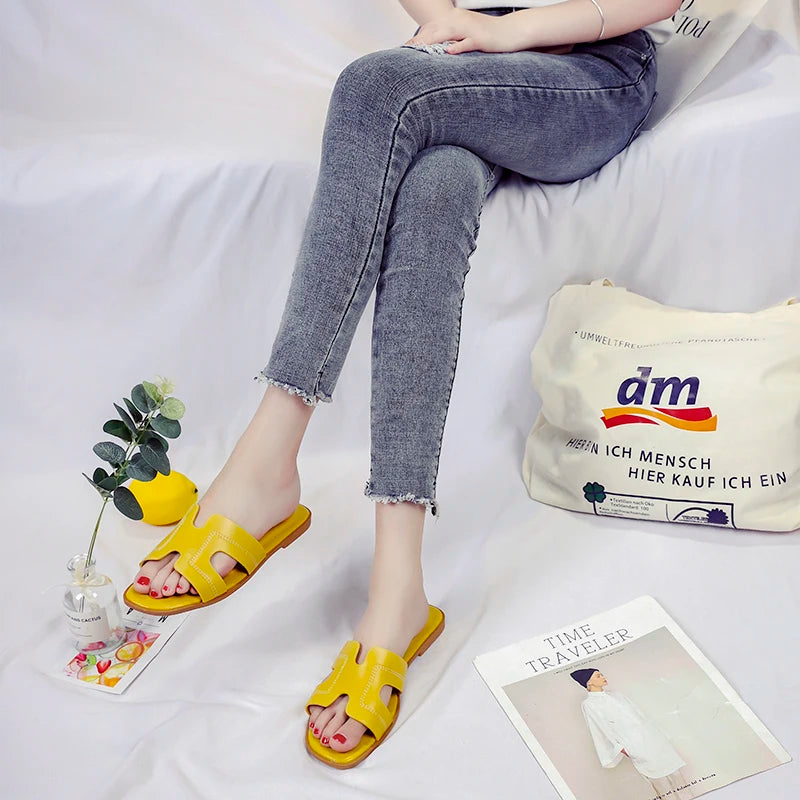 2024 Summer women's slippers H-shaped pattern rubber soft low heel high-end simple shopping shoes for women
