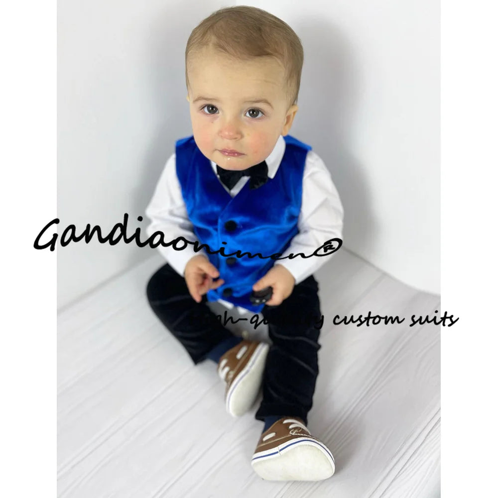 Royal Blue Velvet Boys Suit Jacket Pants Vest Bow Tie Set of 4 Kids Wedding Party Tuxedo Fashion Child Clothes