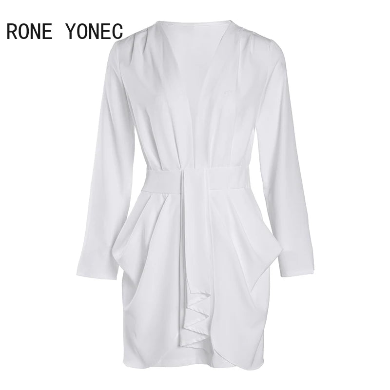 Women Chic Elegant Long Sleeves Deep V Neck Mini A Line Ruffles Formal Party & Working White Dresses
