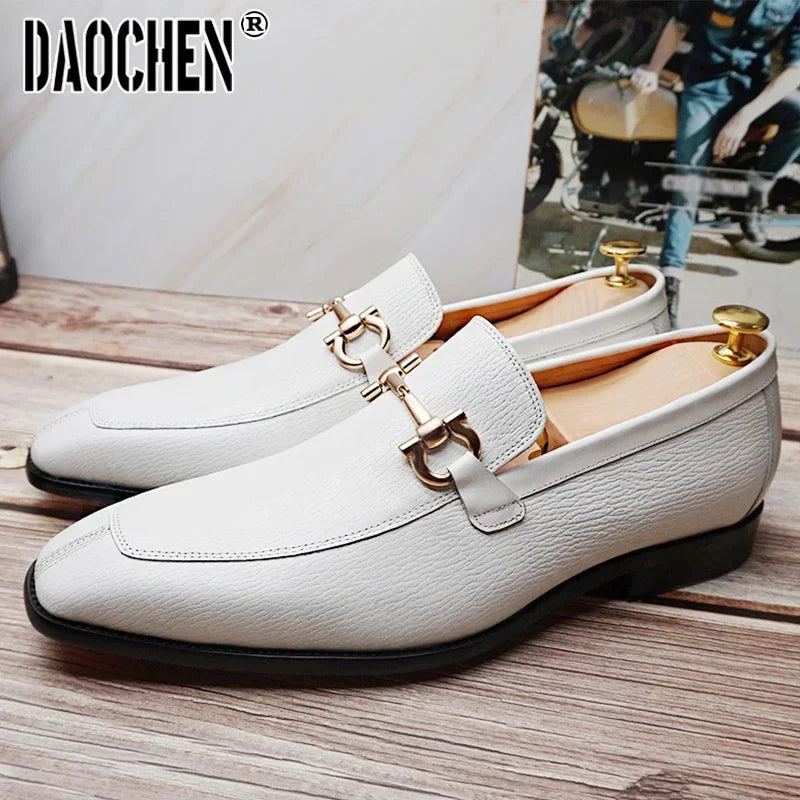 Luxury Men Leather Shoes Black White Horsebit Loafers Slip on Formal Men Dress Shoes Wedding Office Casual Shoes For Men