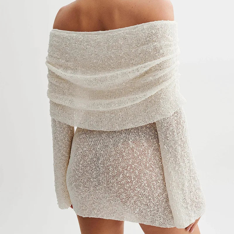 Off Shoulder Knit Mini Dresses Long Sleeve Boat Neck Crochet Slim Fit Plain Mini White Guest Dresses Summer Fashion 2024