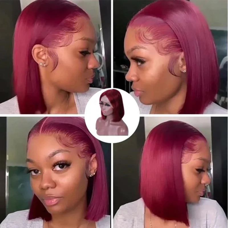 13x4 99J Short Bob Wig Human Hair Dark Red Burgundy Color Full Frontal Bob Wigs Blunt Cut Bone Straight Front For Black Woman