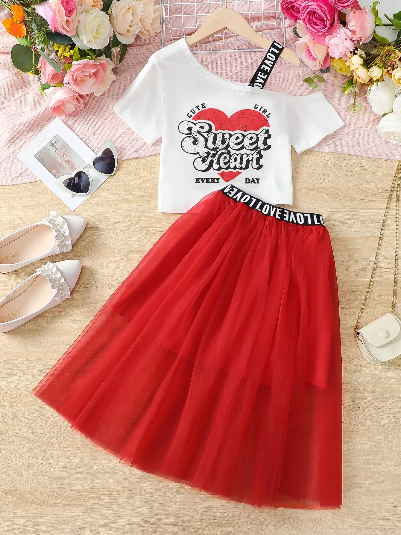 2PCS Summer Child Girl Clothes Set Short Sleeve Shoulder Leakage T-shirt+Mesh Skirt College Style Costume for Kid Girl 8-12Years