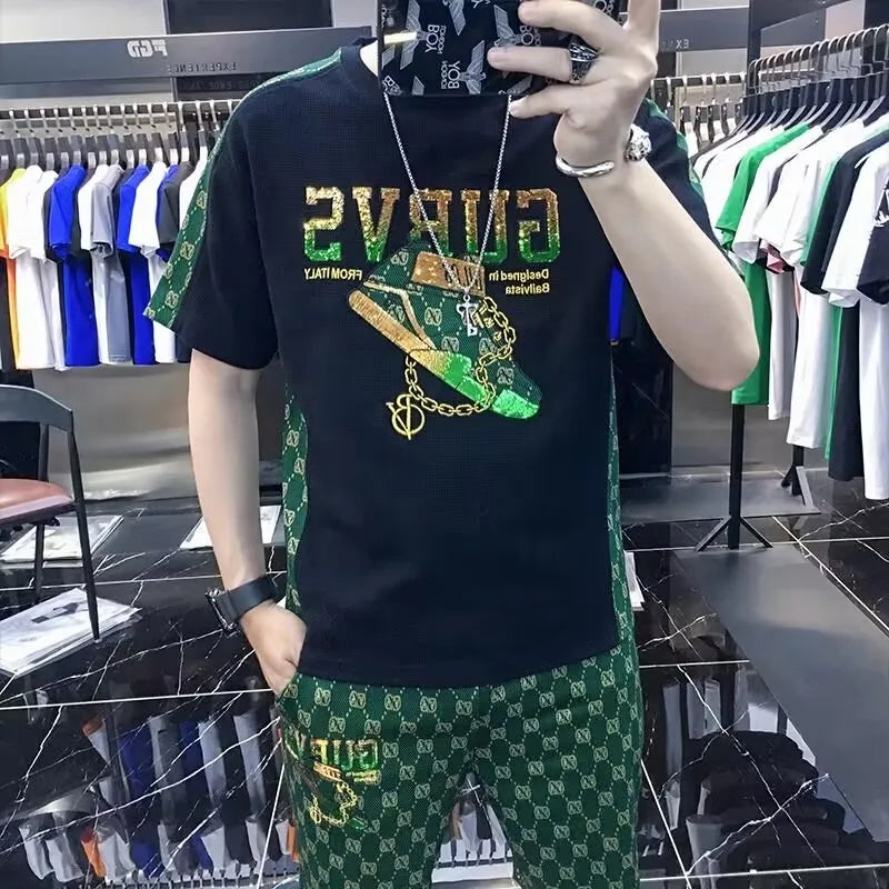 New 2023 men summer suits  two pieces  set outfit tracksuit men  Slim drop shipping