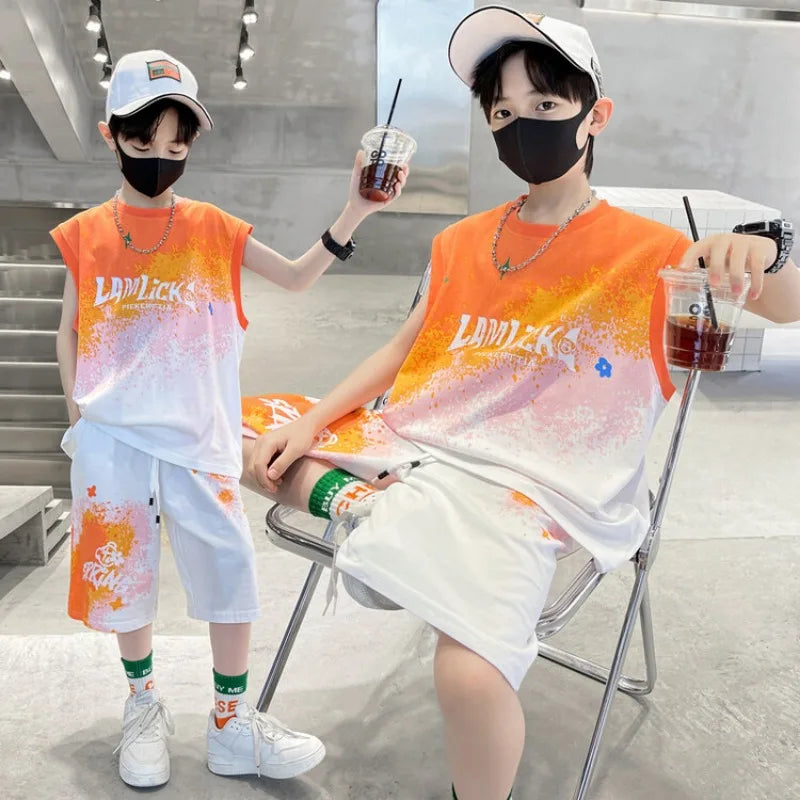 Kids Clothes Boys Letter Gradient color Painted Graffiti Basketball Uniform Teenage boy leeveless vest Top and Shorts 2PCS Sets