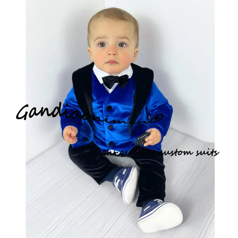 Royal Blue Velvet Boys Suit Jacket Pants Vest Bow Tie Set of 4 Kids Wedding Party Tuxedo Fashion Child Clothes