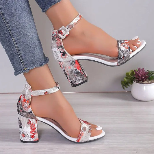 2024 Fashion Women Black Flock Flower Color High Heels Sandals Female Pumps Peep Toe Ankle Strap Platform Shoes 35-43