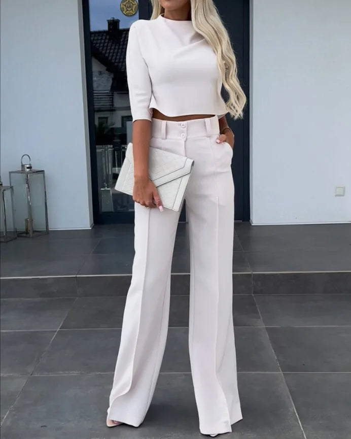 2024 Spring and Autumn New Fashion Small High Neck Slim Fit Women's Set Solid Pocket Micro Horn Pants Set for office lady