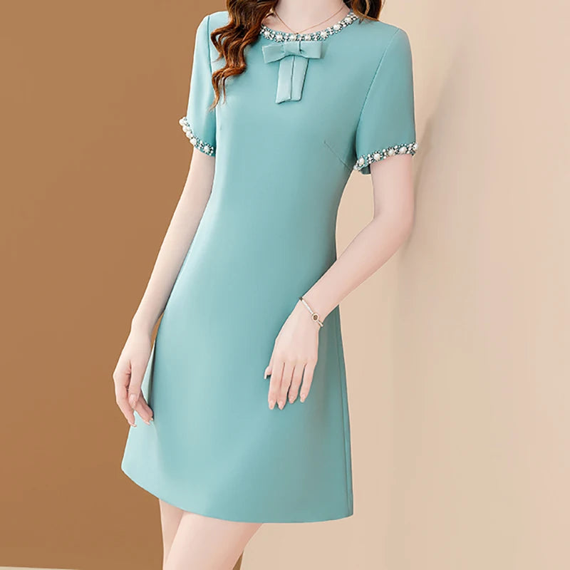 EVNISI Women Chic Embroidered Flares Dress Scarf Collar Elegant Office A-line Dresses Slim Women Bodycon Fairy Vestido 2024