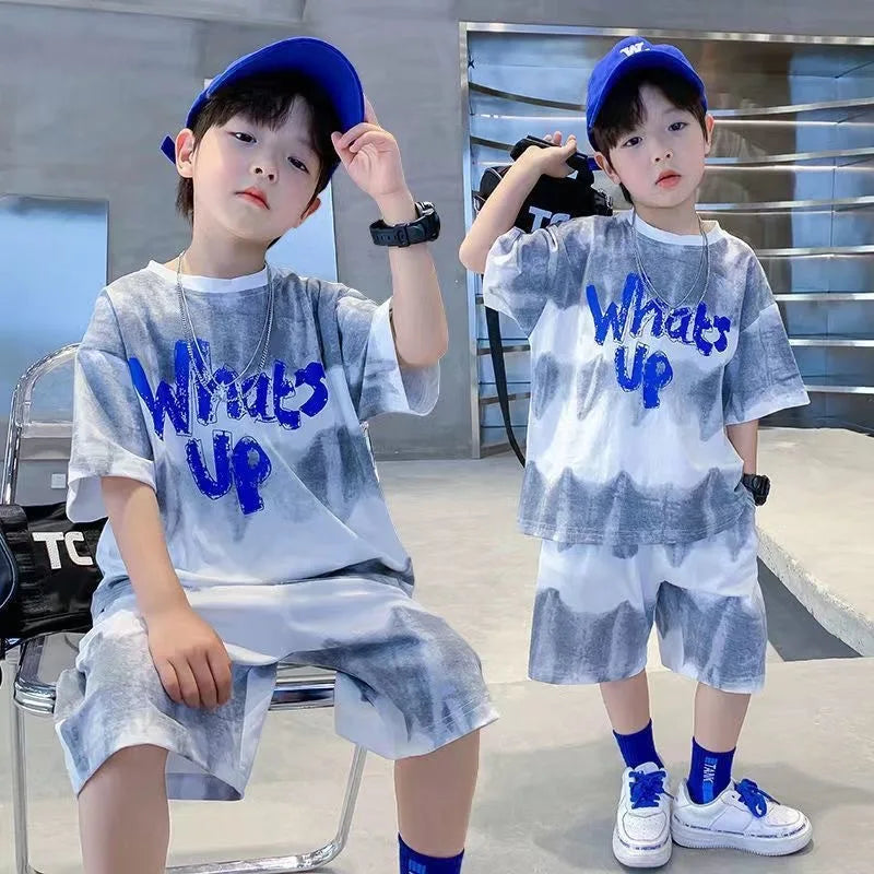 Children Boys Clothes Gradient Color T-Shirt & Loose Shorts 2 Pieces Set Teenage Graffiti Tracksuit Street Style Letter Outfit