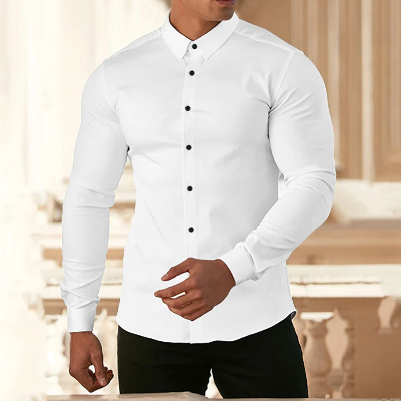 Autumn Fashion Casual long Sleeve Shirt Men Super Slim Social Business Dress Shirt Solid Undershirt Mens Fitness Sports Clothing