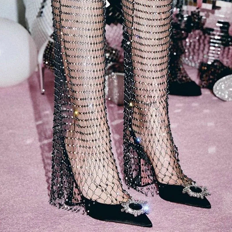 2024 Bow Rhinestone High Heels Sunflower Silk Pointed Party Sandals For Women Wedding Shoes